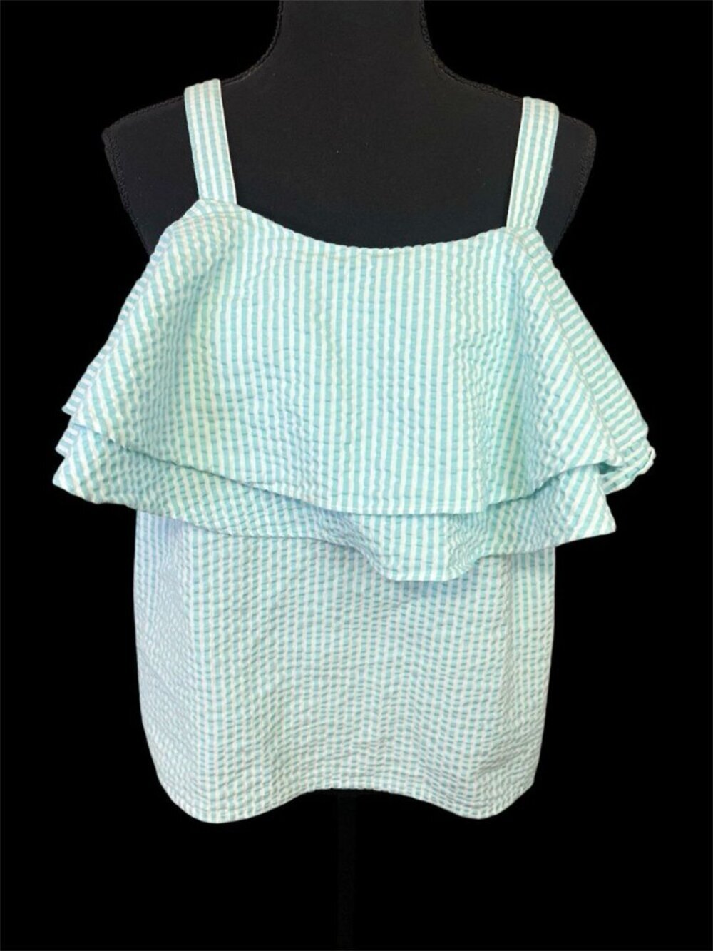 A New Day Blue White Seersucker Stripe Tank Top Sz M Double Ruffle Resort Beach